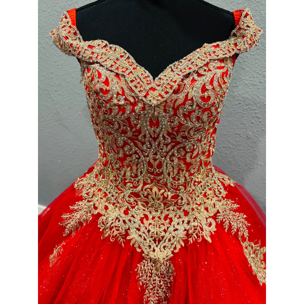 Chicas Red & Gold Ball Gown Dress | Size Large | Off-Shoulder Glitter Tulle - Picture 15 of 16
